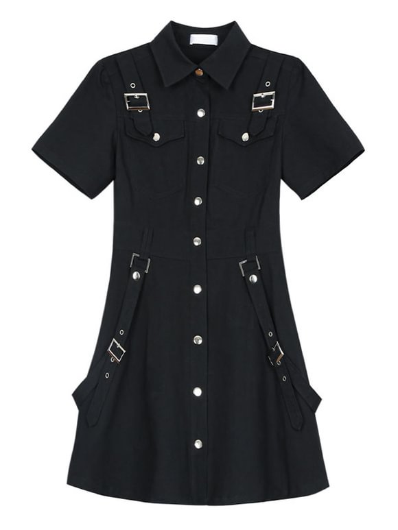 Gothic Dress Turndown Collar Short Sleeves Blackr Daily Casual Dress Novameme