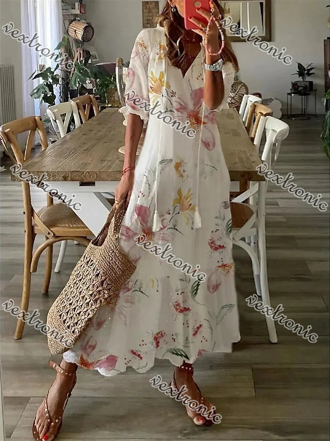 Women's White Half Sleeve V-neck Graphic Floral Printed Maxi Dress