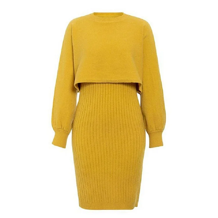 Casual Solid Color Knitted Midi Dress Suit - yankia