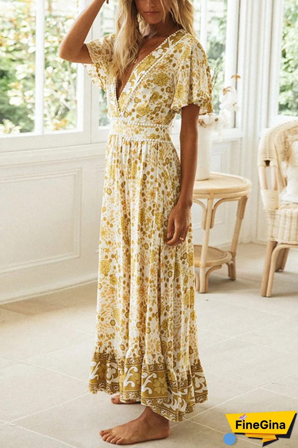 Floral V Neck Maxi Dress