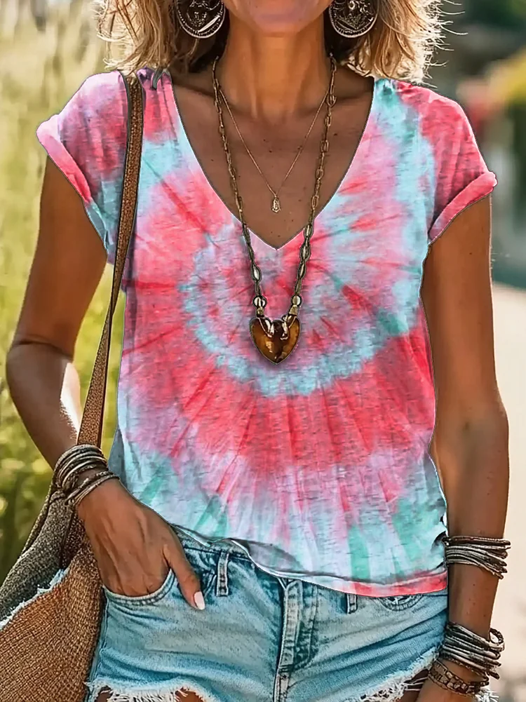 Colorful Tie Dye Print 100%Cotton V-neck T-Shirt