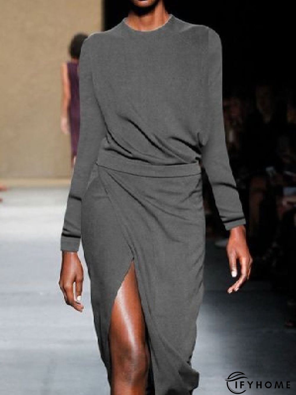 Elegant Solid Long Sleeve Crew Neck Knitting Dress | IFYHOME