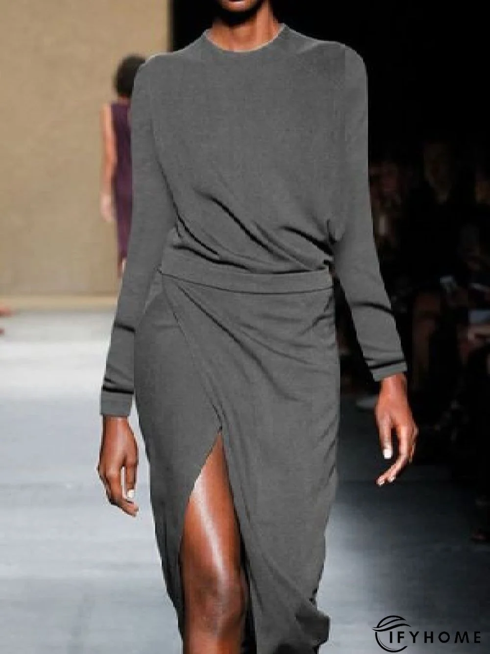 Elegant Solid Long Sleeve Crew Neck Knitting Dress | IFYHOME