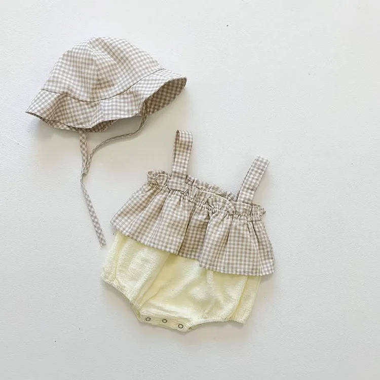 Baby Plaid Layered Strap Bodysuit with Hat