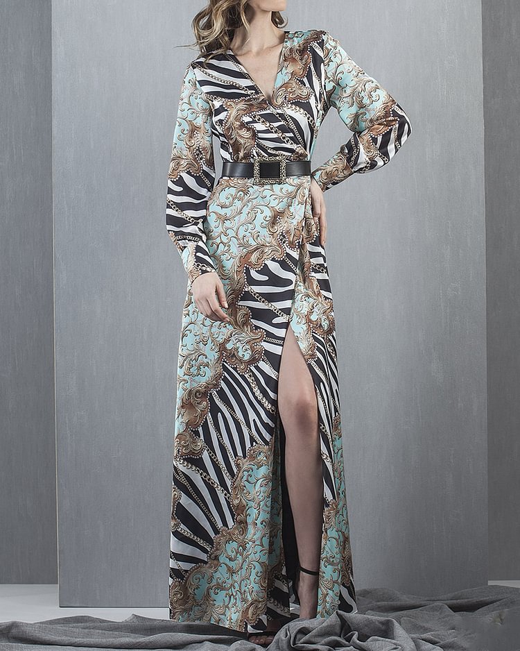 Animal Print V Neck Slit Dress