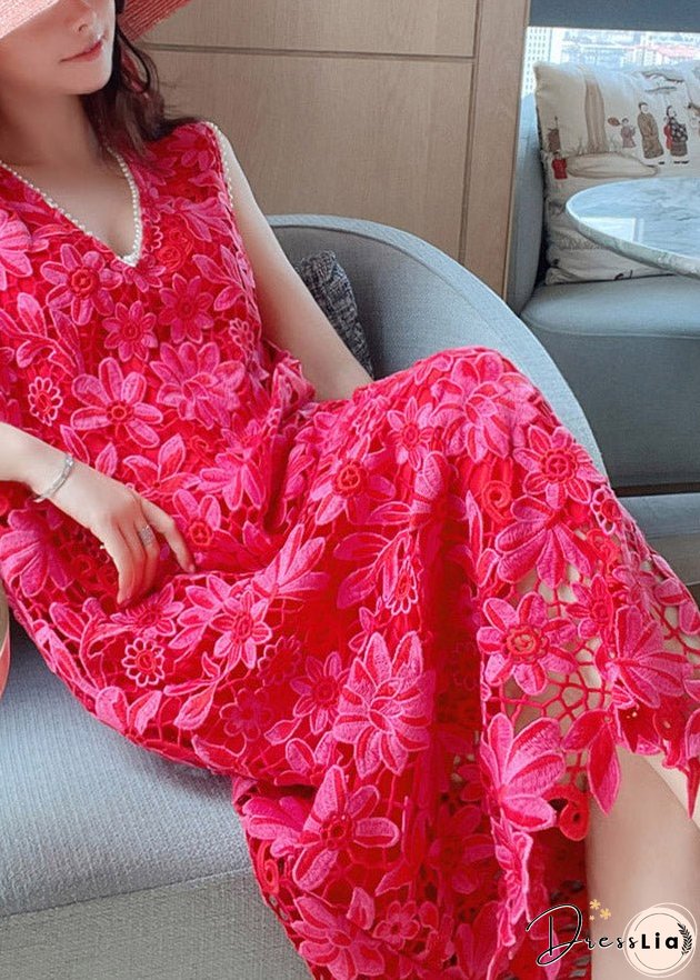 Natural Red V Neck Hollow Out Lace Long Dress Summer