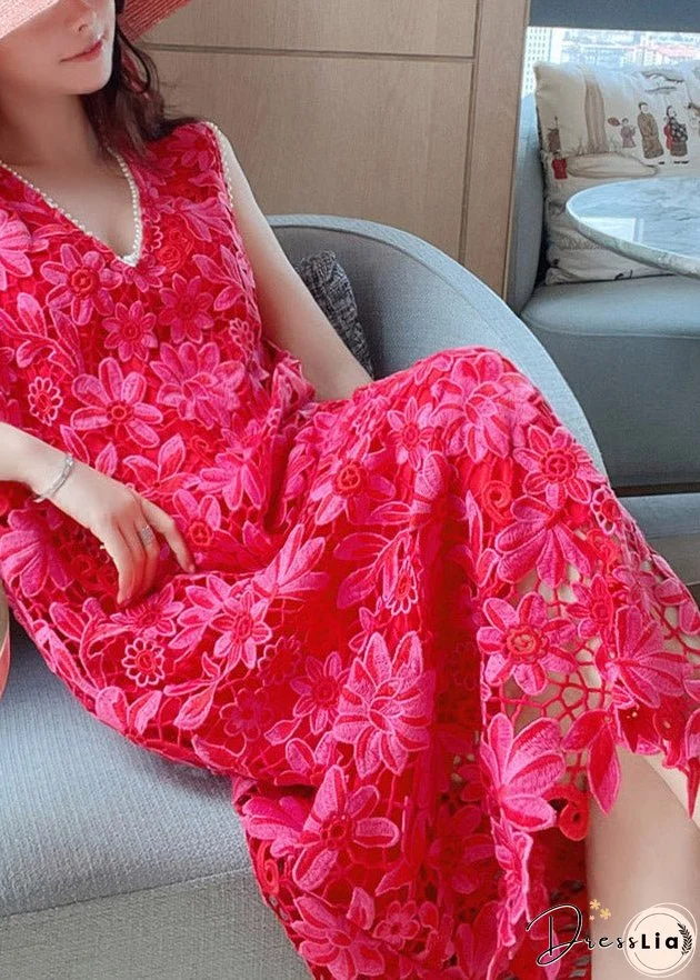 Natural Red V Neck Hollow Out Lace Long Dress Summer