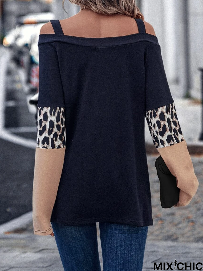 Leopard Casual Boat Neck Loose Top