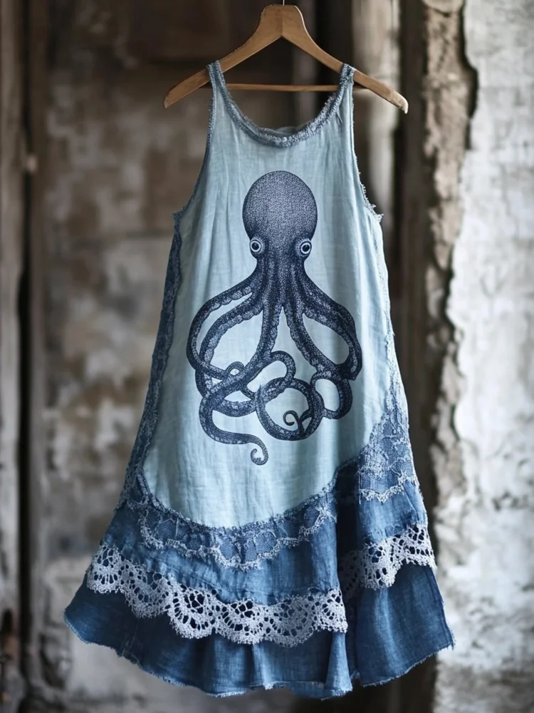 Octopus Pattern Lace Patchwork Linen Blend Dress