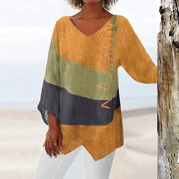 🔥Women's Elegant and Casual V-Neck Long Sleeve Art Print Top 