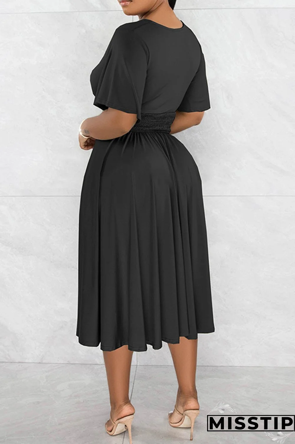 Black Casual Solid Patchwork V Neck Short Sleeve Dress