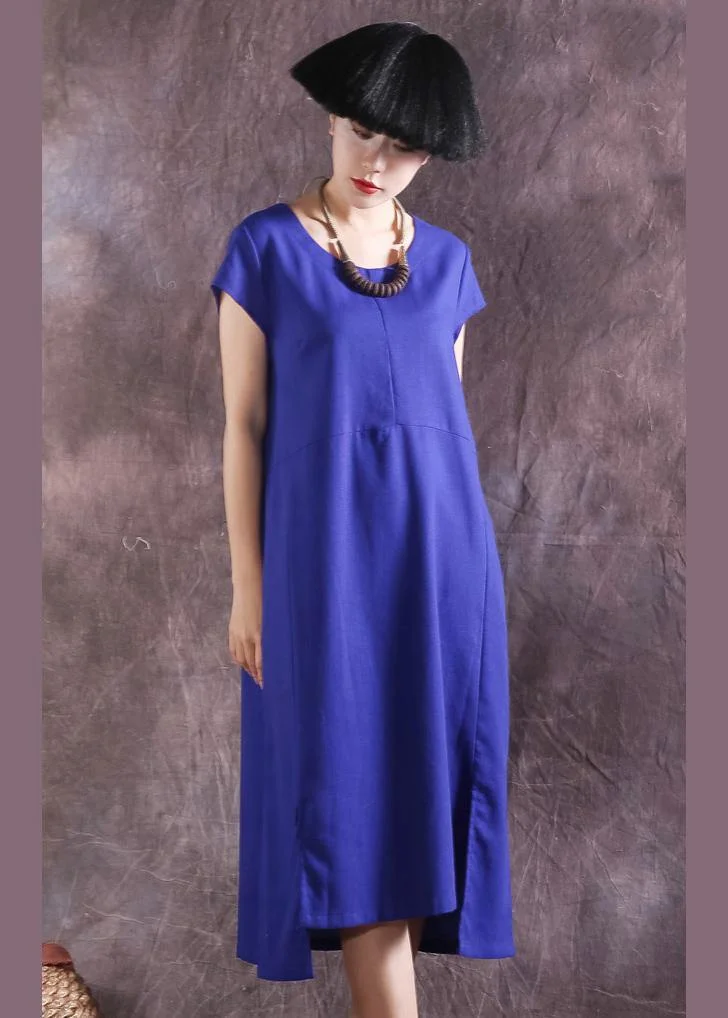 Bohemian blue Cotton Tunic asymmetric hem Plus Size summer Dresses