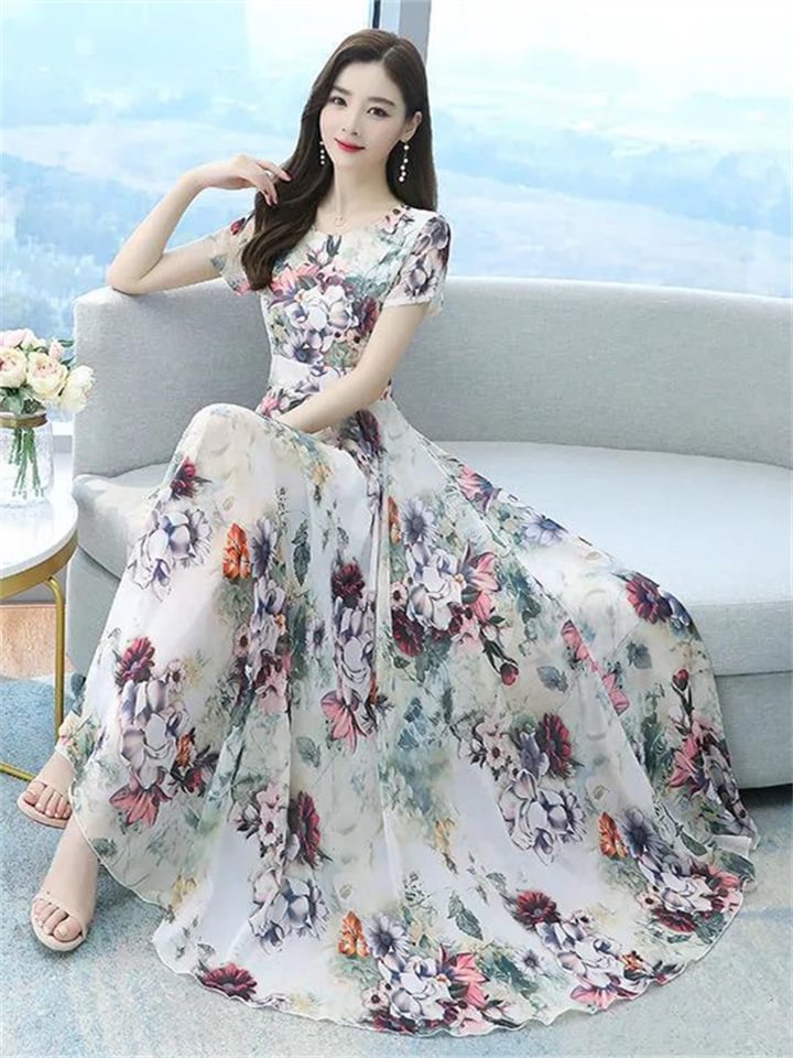 Women's Long Dress Maxi Dress Swing Dress Print Dress Floral Casual Outdoor Daily Vacation Print Short Sleeve Crew Neck Dress Regular Fit White Gray Summer Spring M L XL XXL 3XL -vasmok