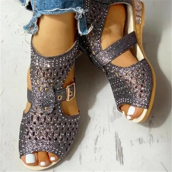 Studded Hollow Out Peep Toe Buckled Sandals