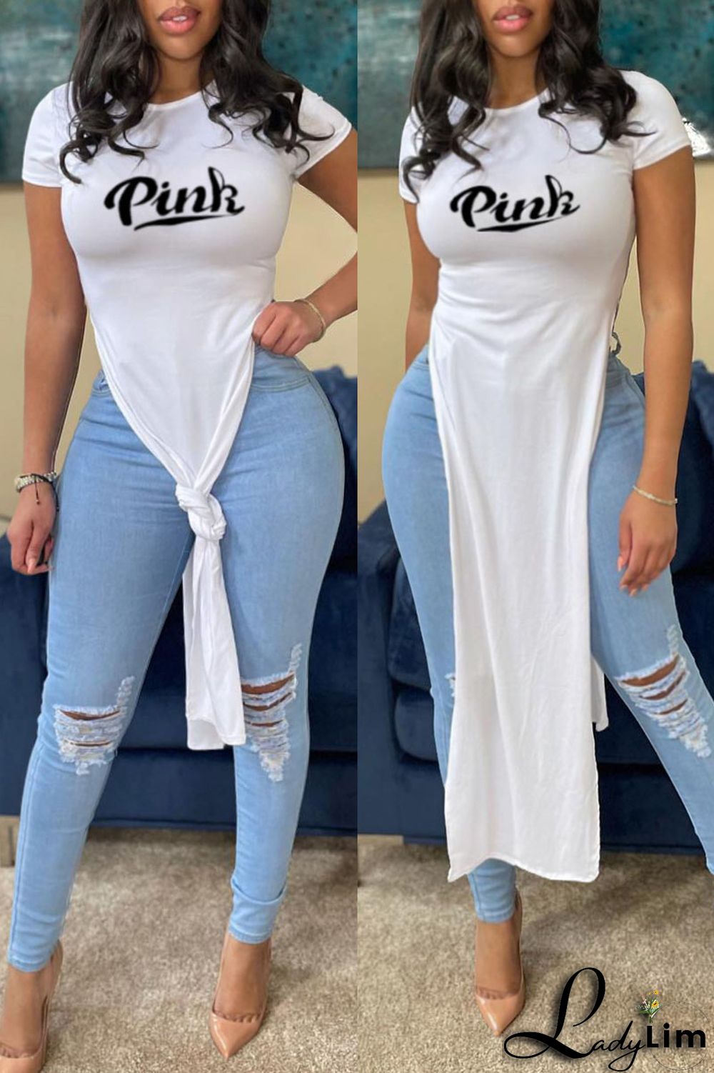 Orange Fashion Casual Letter Print Slit O Neck T-Shirts