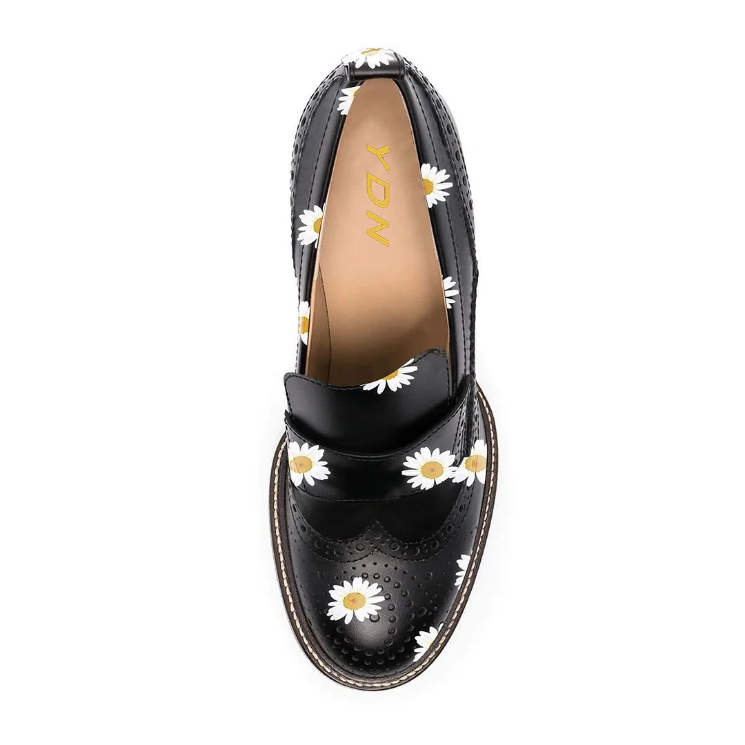 Black Round Toe Daisy Print Loafer Heels with Perforated Patterns