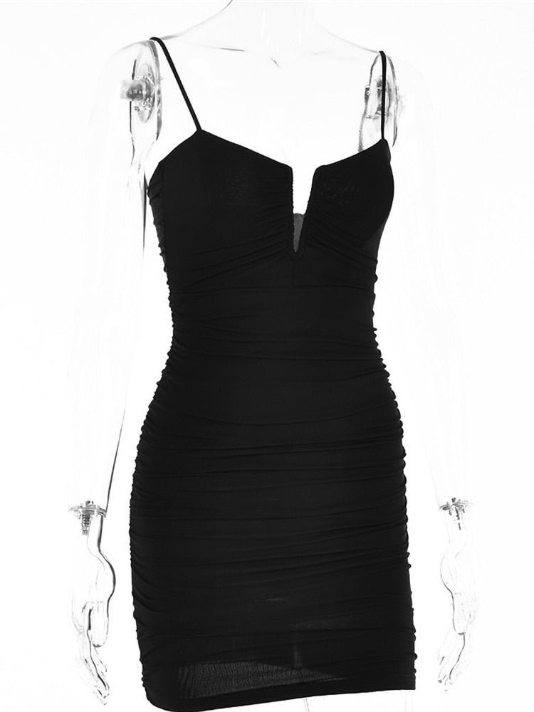 Articat Spaghetti Strap Ruched Dress Women 2022 Spring Sexy Slim Elegant Clubwear Solid Sleeveless Backless Sheath Dress Female