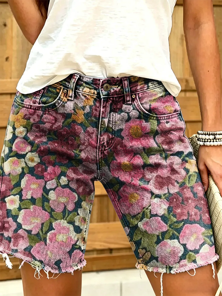 Ethnic Bohemia Flowers Women's Art Print Casual Denim Shorts