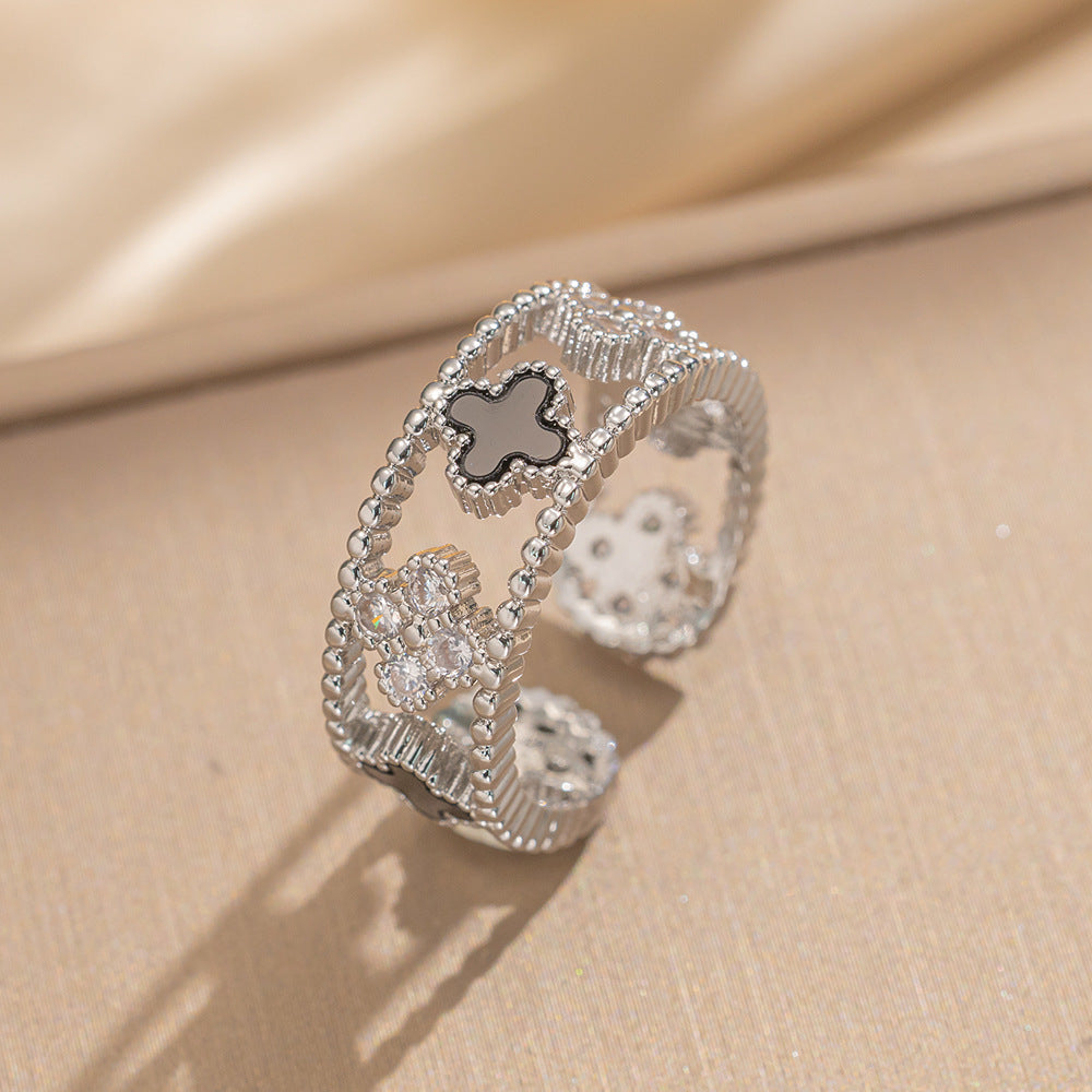 Ring Niche Four-Leaf Clover Zircon Ring Female Retro Open Adjustable Ring