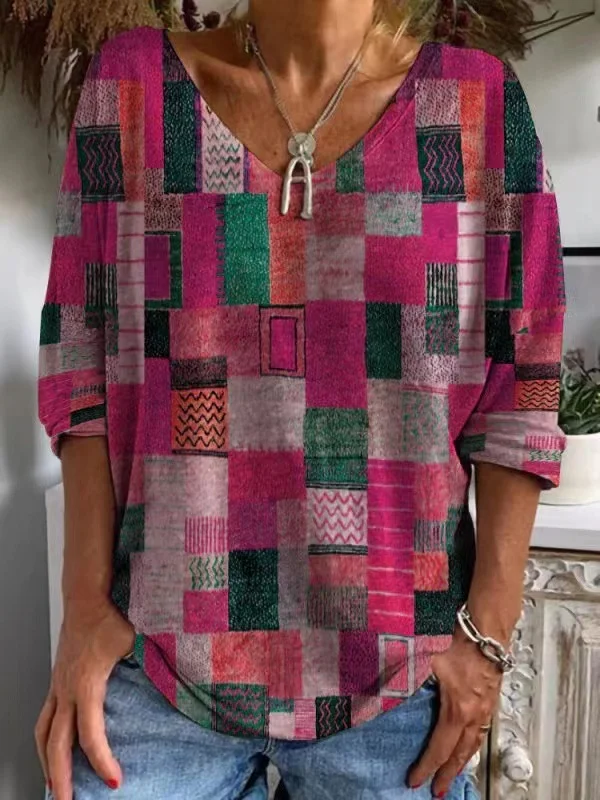 European and American retro national style printed cropped sleeve T-shirt