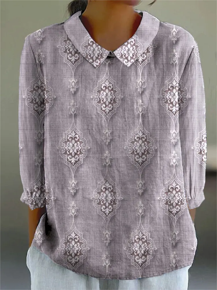 Women's Retro Pattern Art Print Casual Cotton And Linen 3/4 Sleeve Shirt