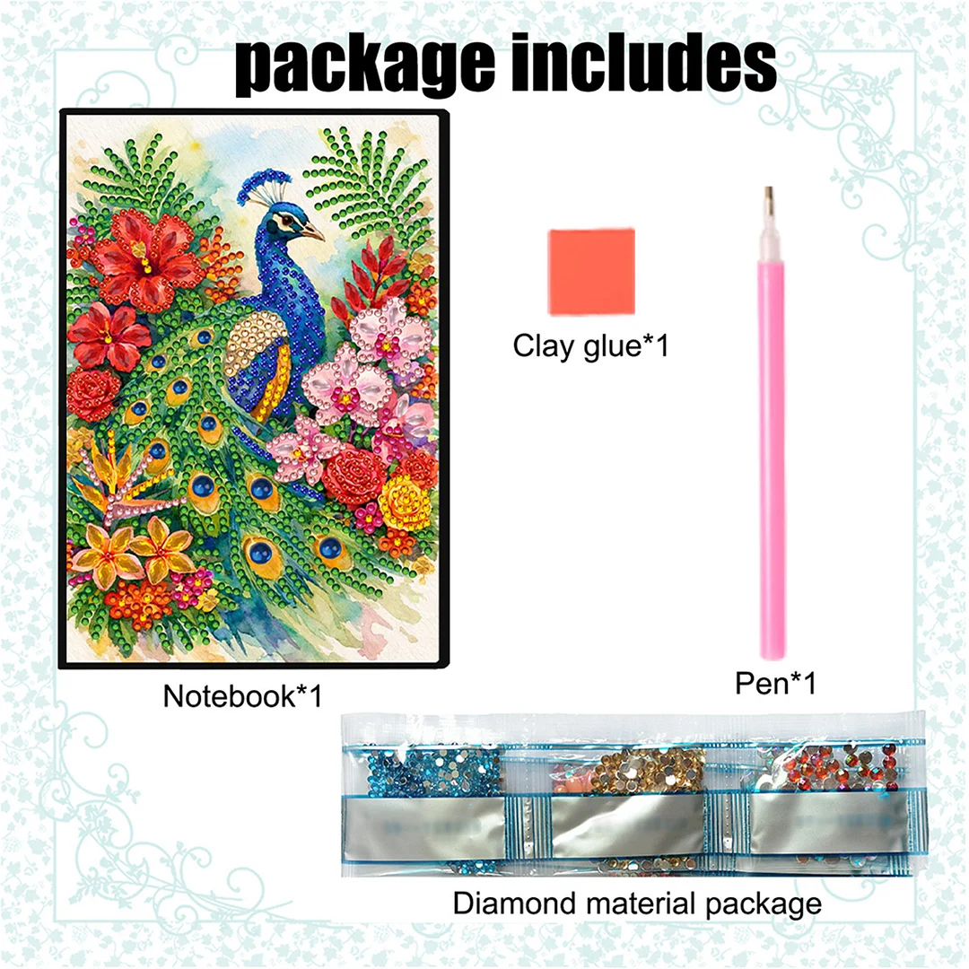 DIY Flower Diamond Painting Journals Notebooks 50 Pages A5 No Lines Special Shaped Diamond Art Kits for Beginners Craft Lovers and Artists (Peacock and Flowers)