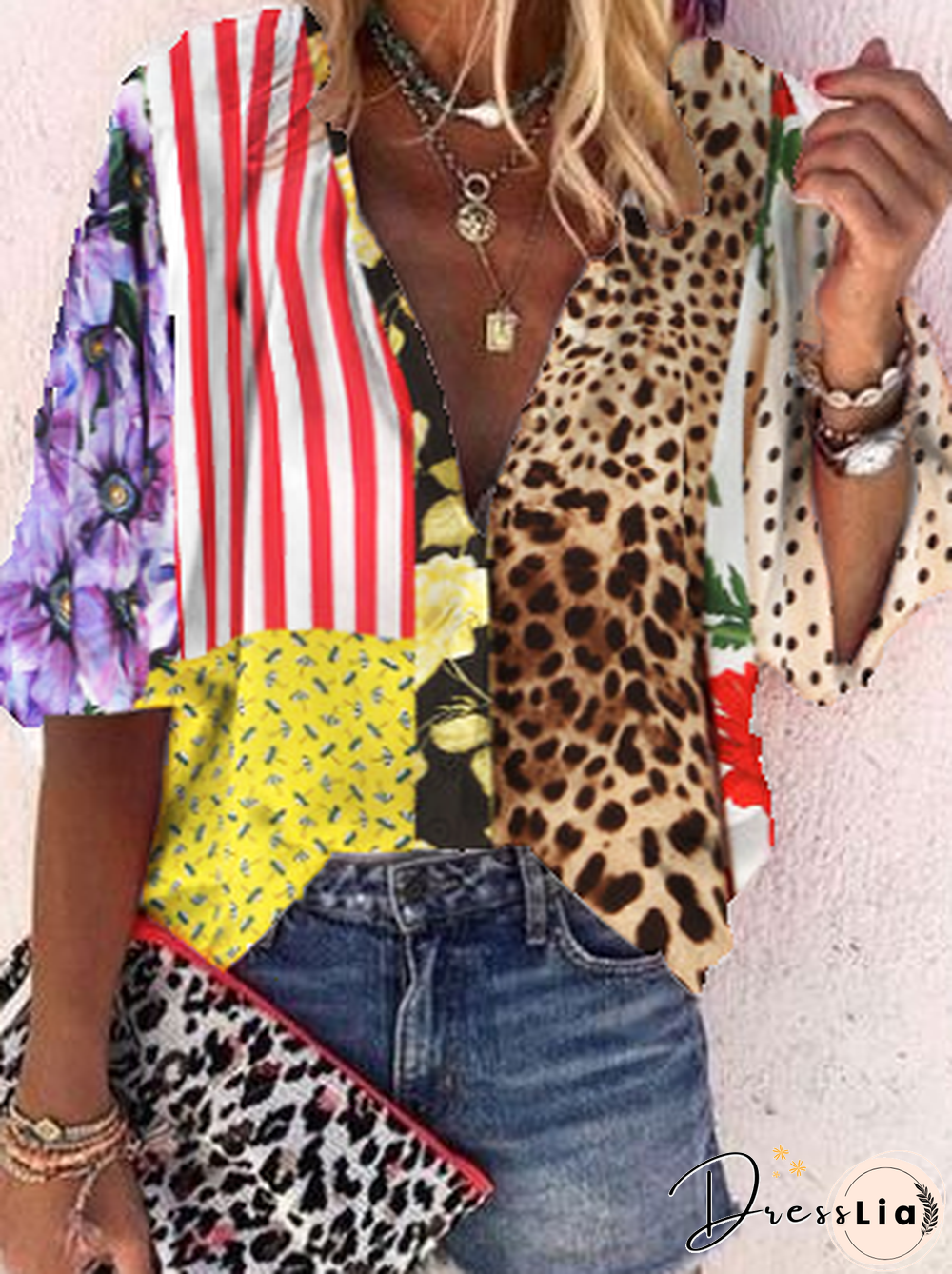 Casual Floral V Neck Half Sleeve T-shirt