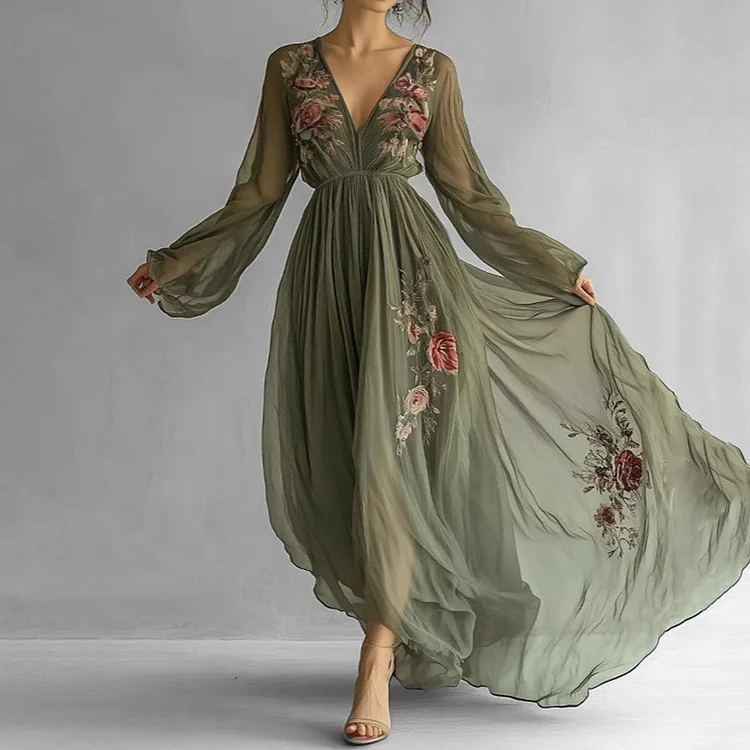 Elegant Floral Print Deep V Neck Long Sleeve Maxi Dress
