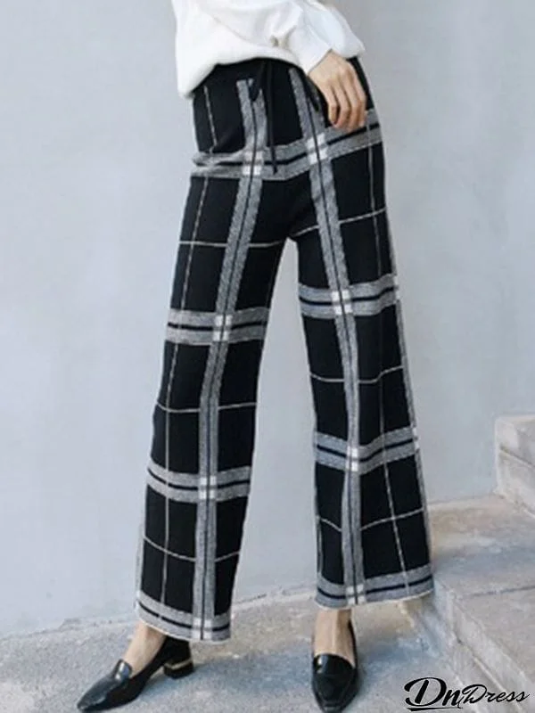 Casual Loose Wide Leg Checkered Drawstring Pants