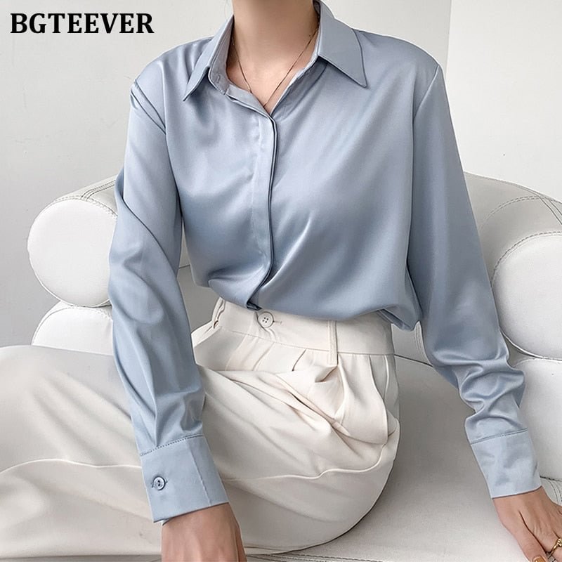 BGTEEVER Spring Elegant Loose Women Satin Blouses Long Sleeve Single-breasted Female Shirts Tops Ladies Solid Blusas 2022
