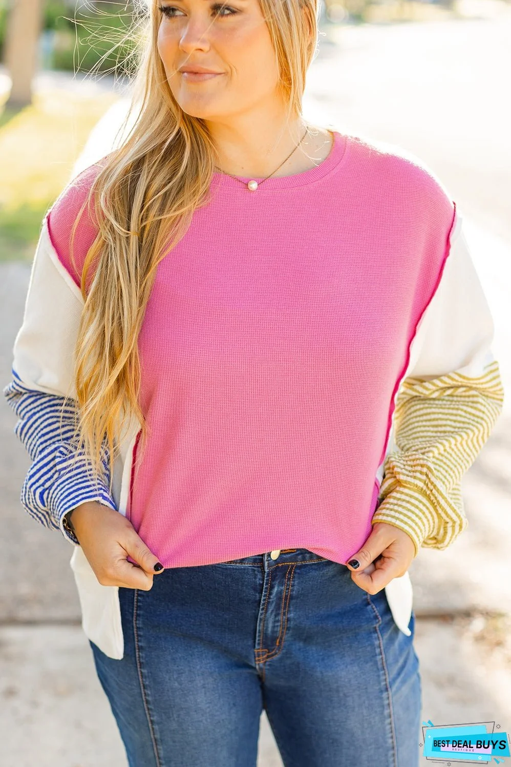 Rose Red Colorblock Patchwork Striped Puff Sleeve Plus Size Top with Slits