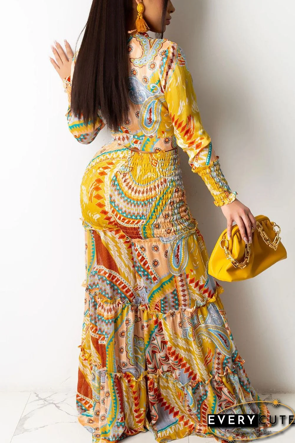 British Style Print Bandage Split Joint V Neck Long Sleeve Two Pieces