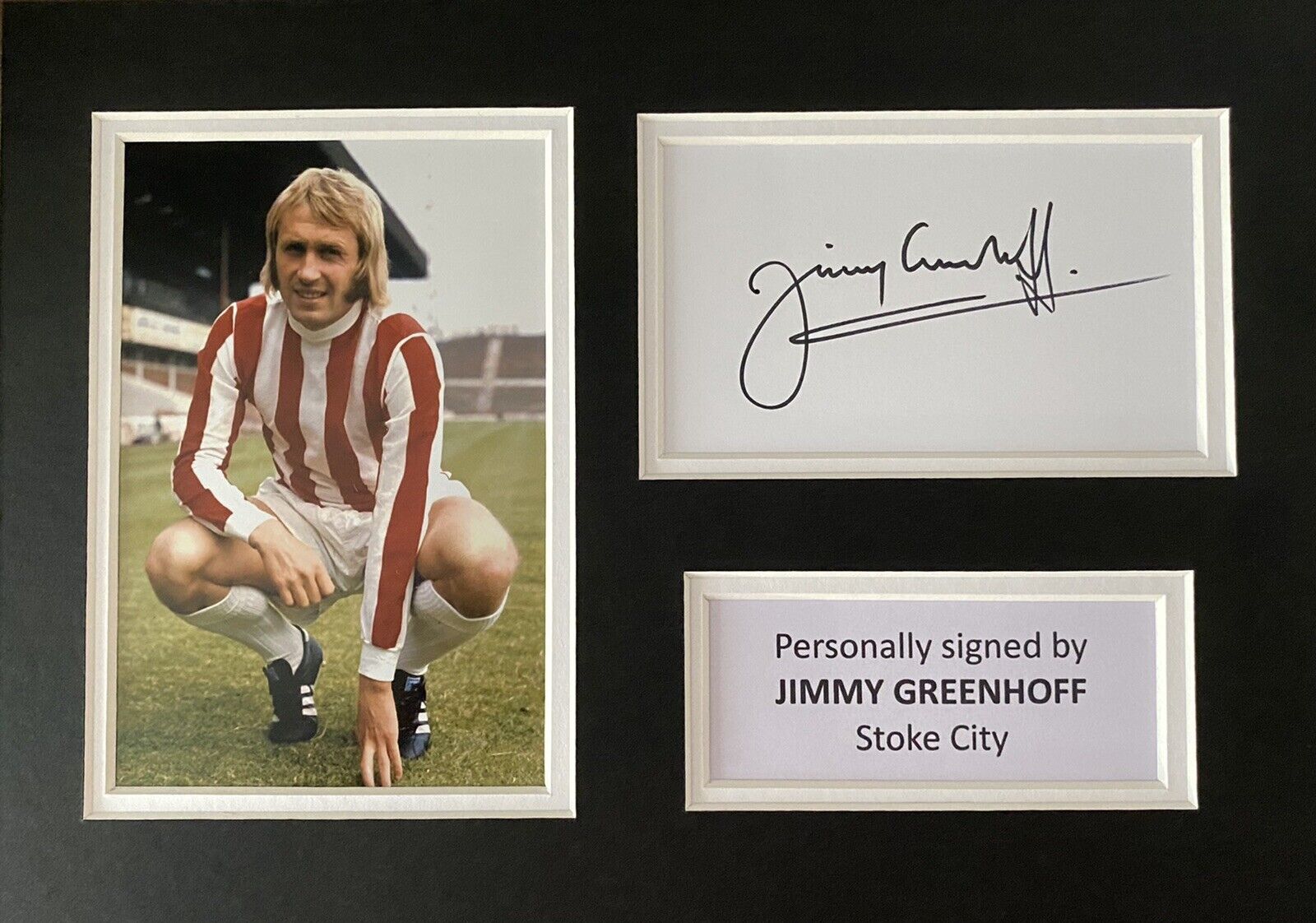 Jimmy Greenhoff Hand Signed White Card In A4 Stoke City Mount Display