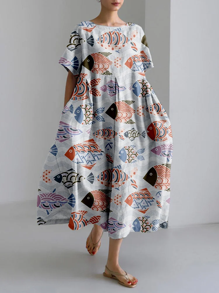 Japanese Colorful Fish Linen Blend Maxi Dress
