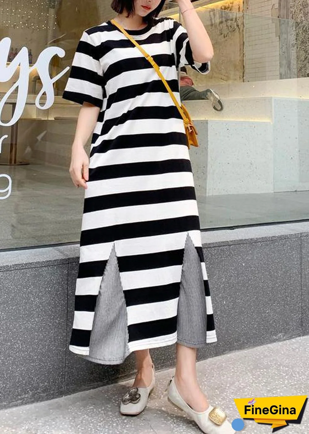 Modern striped cotton tunic pattern patchwork hem Robe summer Dresses