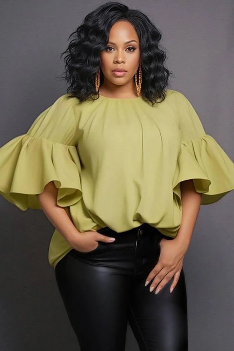 Xpluswear Design Plus Size Business Casual Green Round Neck Short Sleeve Ruffle Elegant Blouses [Pre-Order] 2024 - Xpluswear