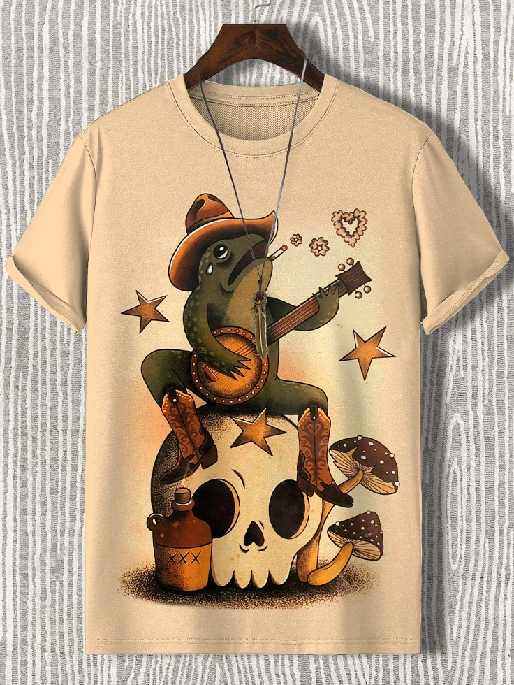 Men's Retro Cowboy Frog Smoking Print Cotton Casual T-Shirt