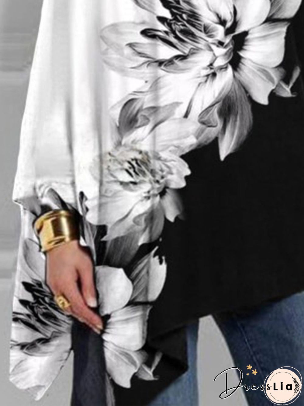 Vintage Color Block Floral Printed Long Sleeves Crew Neck Plus Size Casual Tops