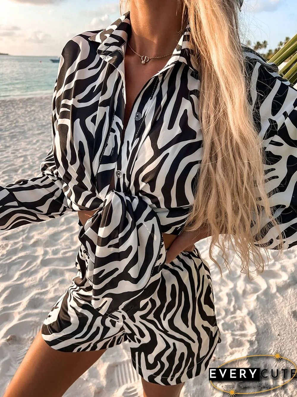 Vintage Print 2 Piece Suit Women Long Sleeve Lapel Single Breasted Shirt + High Waist Shorts Sets Casual Ladies Loose Beach Suit