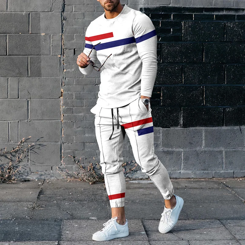 Red And Blue Contrast Casual White T-Shirt And Pants Co-Ord