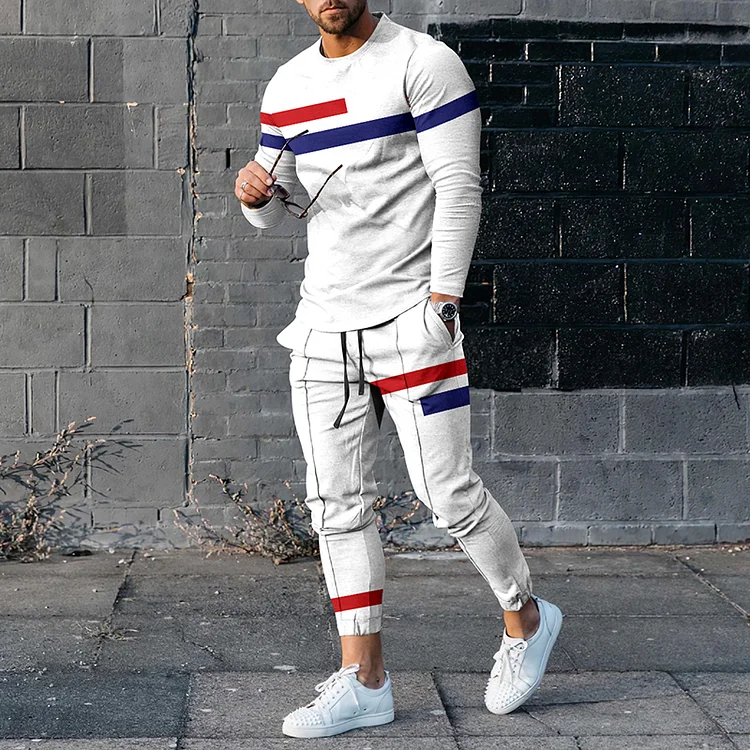 BrosWear Street Men's Red And Blue Striped Print White Long T-shirt And Pants Co-Ord Sets