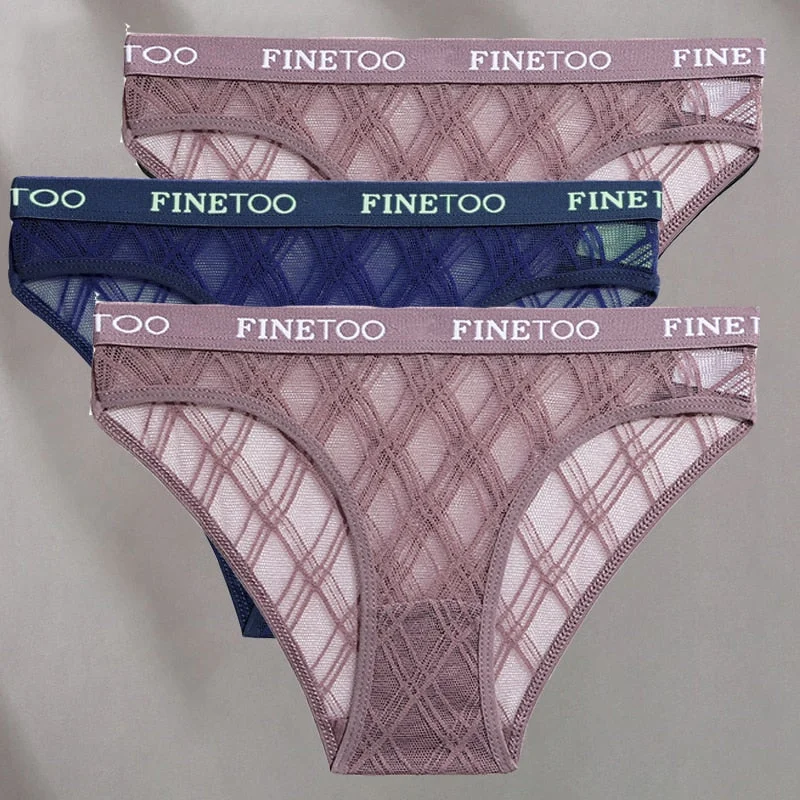 FINETOO 3PCS/Set Mesh Women Sexy Panties Lingerie M-XXL Breathable Underwear Pantys Low Waist Girl Briefs Letter Woman Underpant