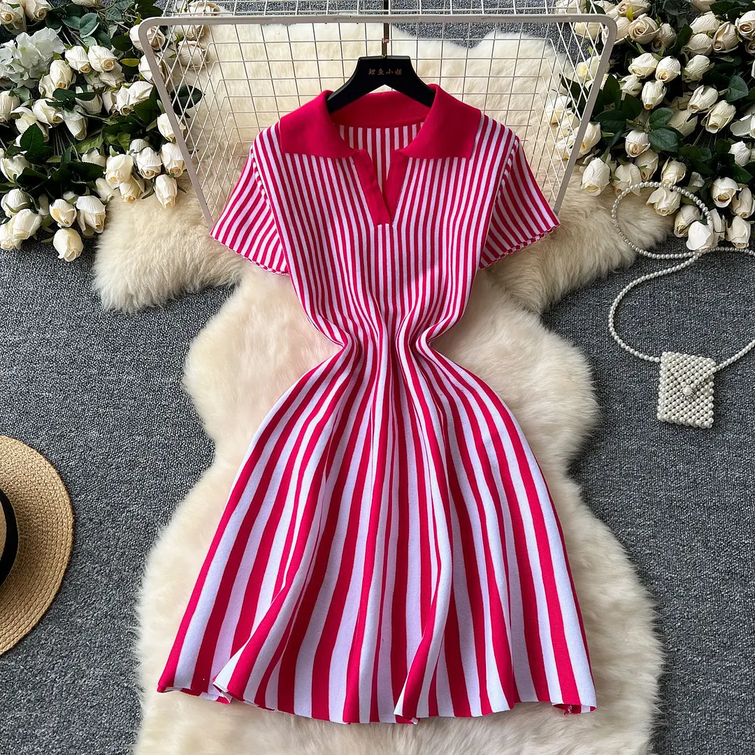 Churchf Churchf Retro-Necked Short-Sleeved Striped Knitted Dress Female Waist Temperament Thin A-Word Dress