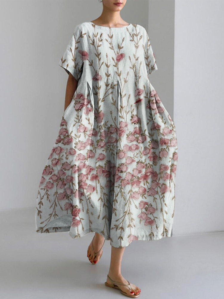 Comstylish Floral Lace Splicing Art Linen Blend Dress