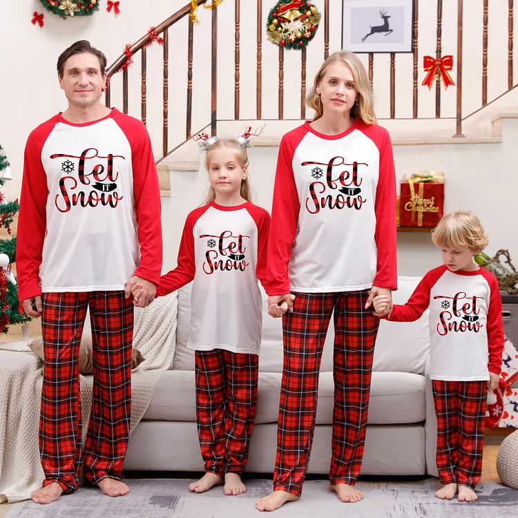 Let It Snow Red Plaid Christmas Family Matching Pajamas Sets