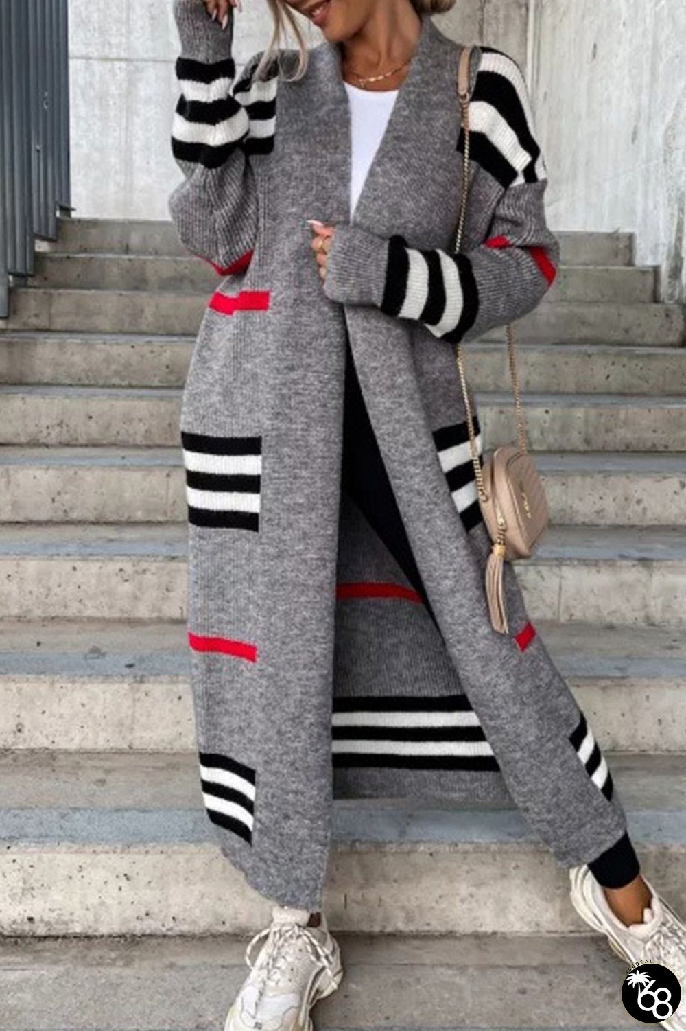 Grey Casual Striped Patchwork Cardigan Collar Outerwear | 168DEAL