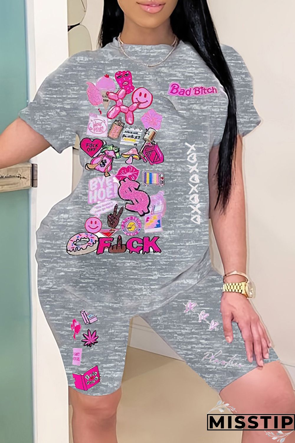 Grey Casual Print Basic O Neck Short Sleeve Two Pieces