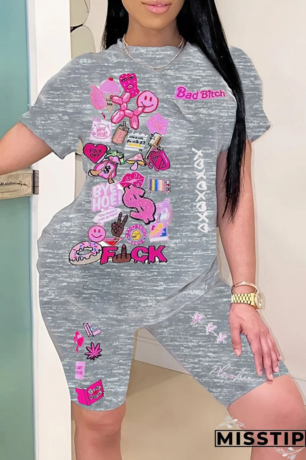 Grey Casual Print Basic O Neck Short Sleeve Two Pieces