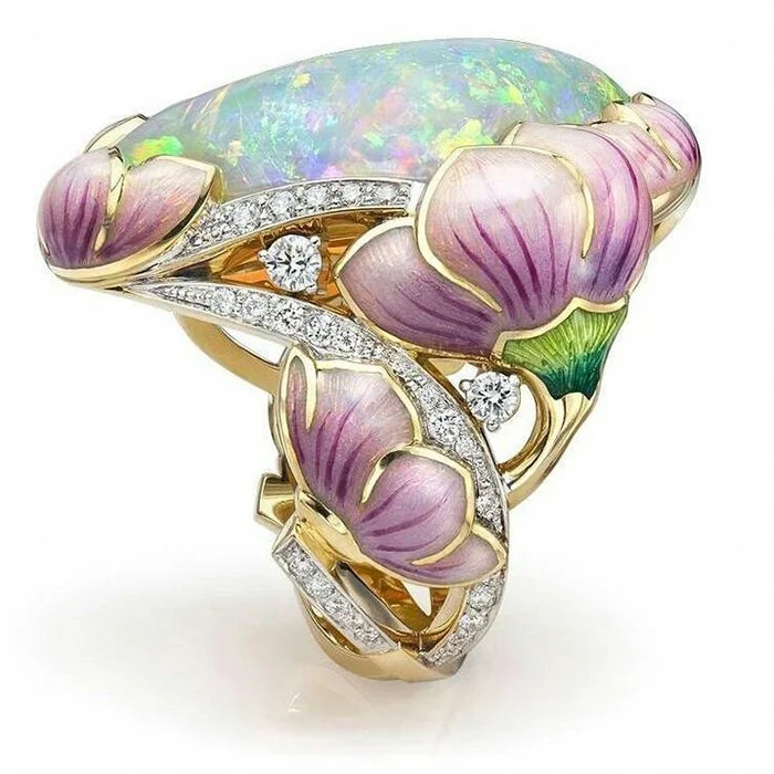 Bohemia Opal Inlay Hollow Epoxy Lotus CZ Stone Ring for Women Party Wedding Anniversary Gift for Wife Girlfriend Love Token