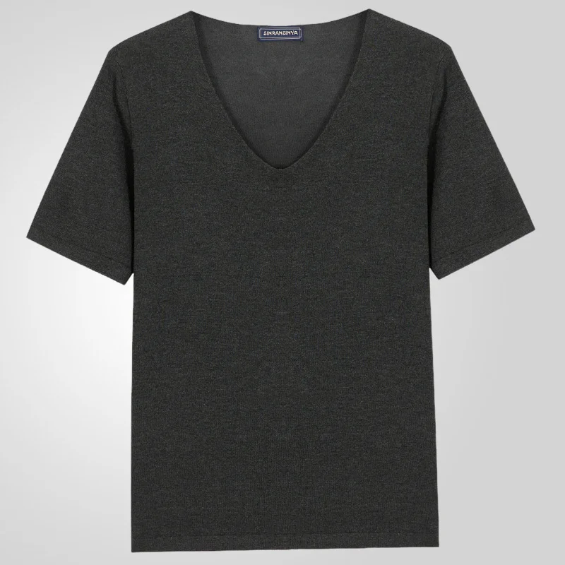 Uveng Uveng Men's Thin V-Neck Solid Knitwear Summer Short-Sleeved Knitted T-Shirt SY0049